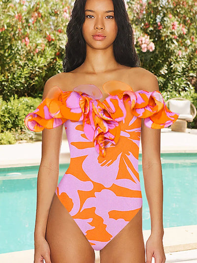 Strapless Ruffle Floral Print One Piece Swimsuit