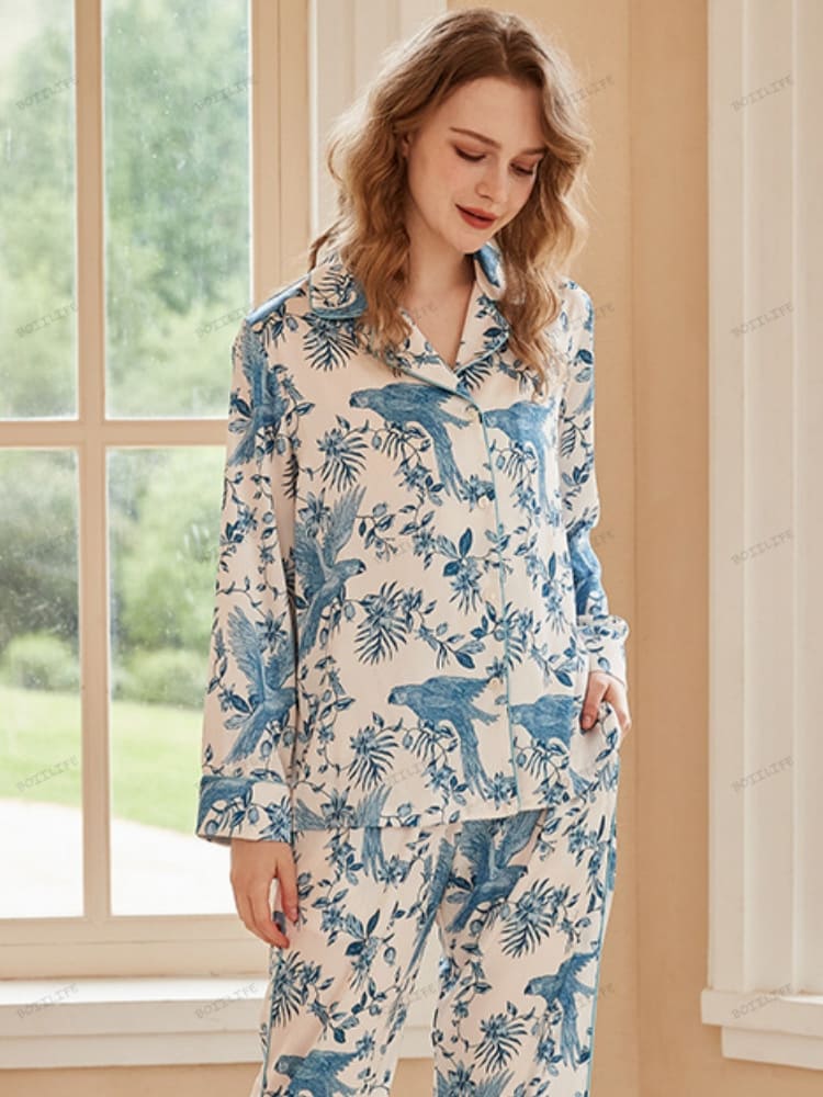 Parrot Print Ice Silk Long-Sleeve Pajama Loungewear Set
