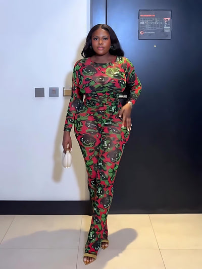 Red & Green Abstract Floral Print Bodysuit Pants Set