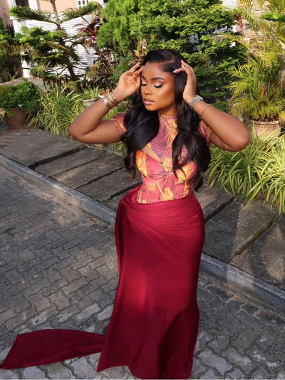 Printed Cutout Bodysuit Draped Skirt Set