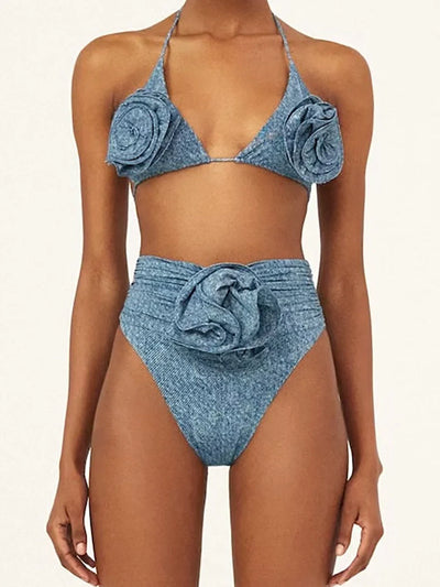 3D Floral Halter Sexy Bikini Set