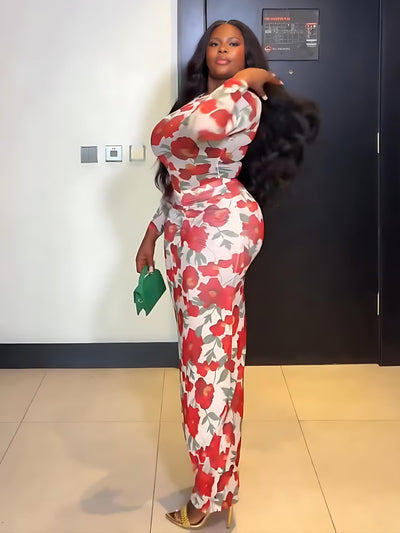 Red Floral Print Bodysuit Skirt Set