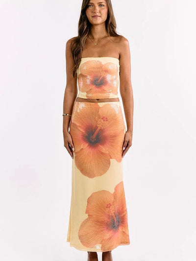Tropical Print Strapless  Maxi Dress Set