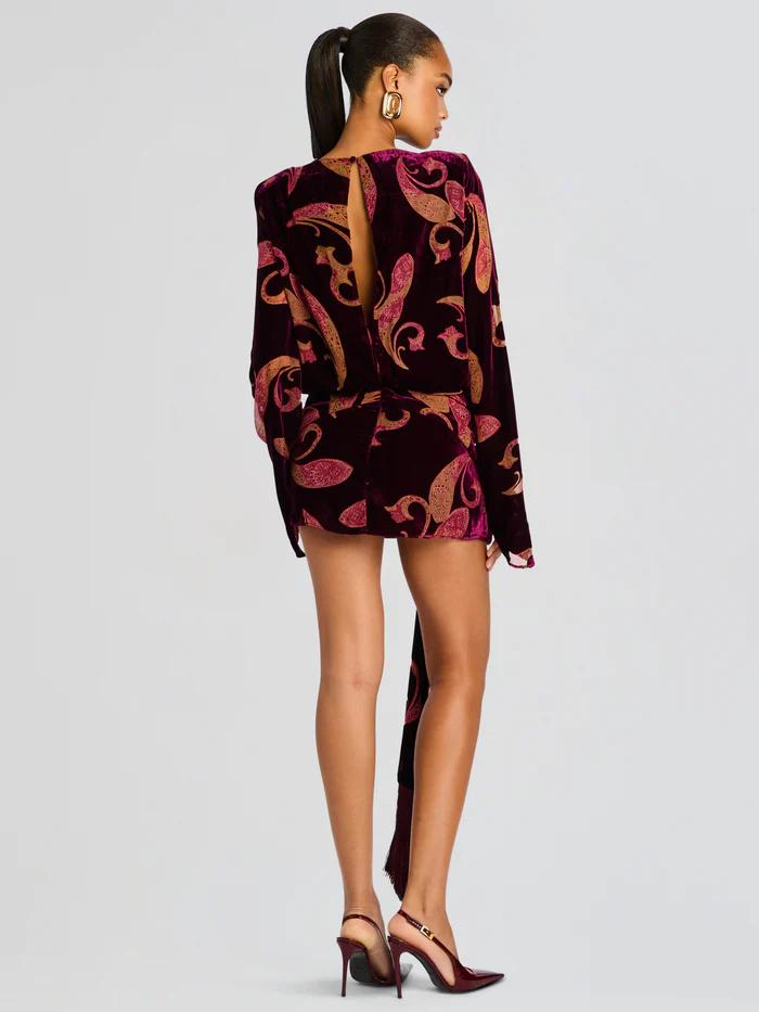 Paisley Bell-Sleeve Fringe Belt Mini Dress