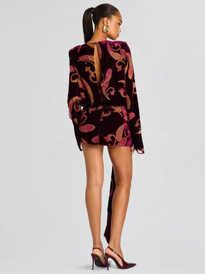 Paisley Bell-Sleeve Fringe Belt Mini Dress