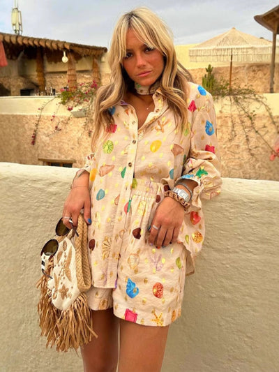 Stylish Linen Gold-Print Shorts Set