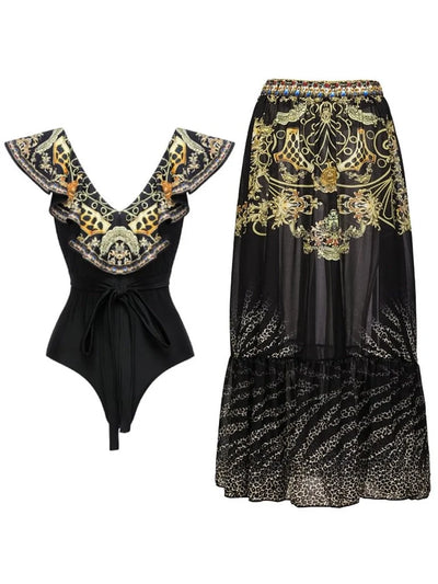Black Gold Print Ruffle Tie Swimsuit Set