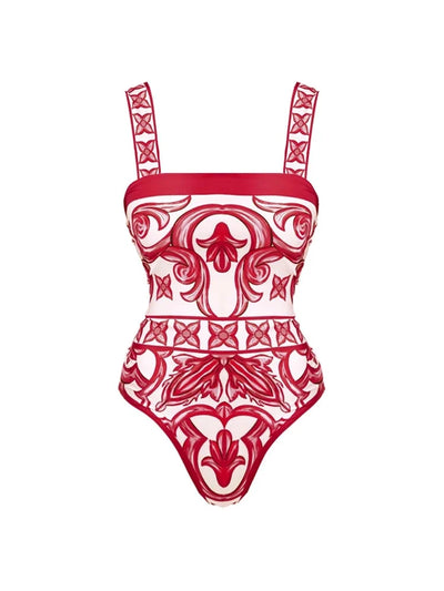 Ethnic Print One-Piece Swimsuit Set
