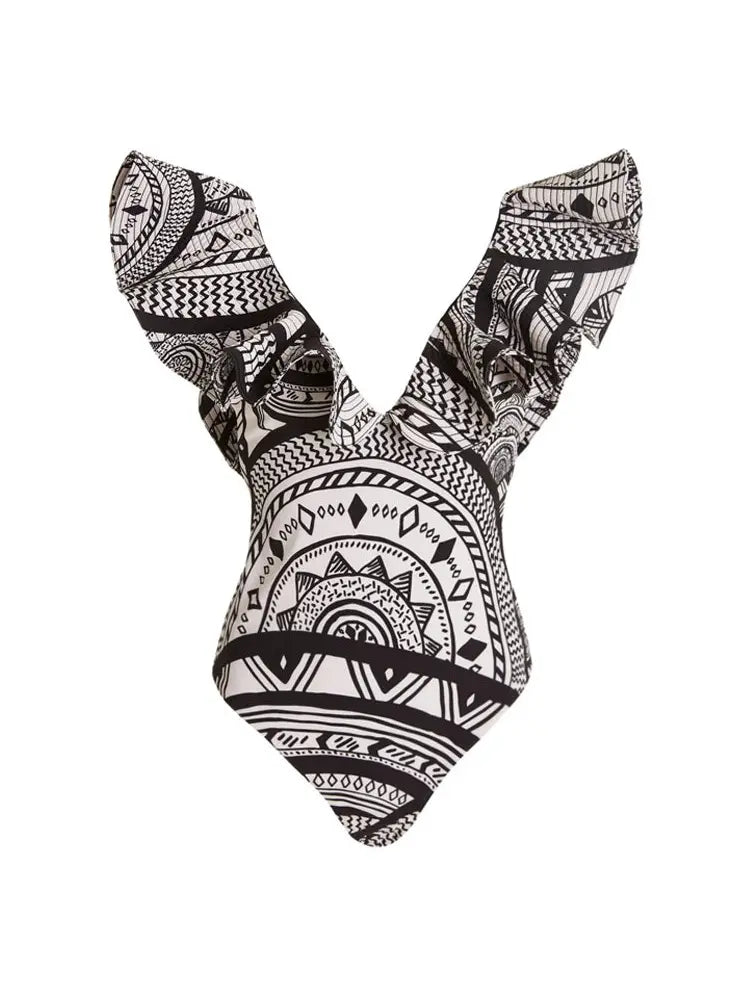 Deep V Ruffle Vintage Print Swimsuit
