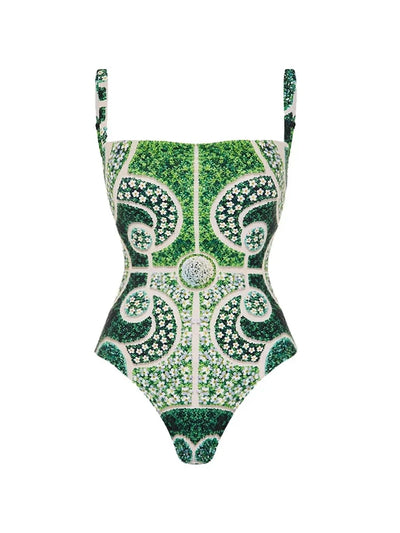 Green Ethnic Print One Piece Swimsuit Set