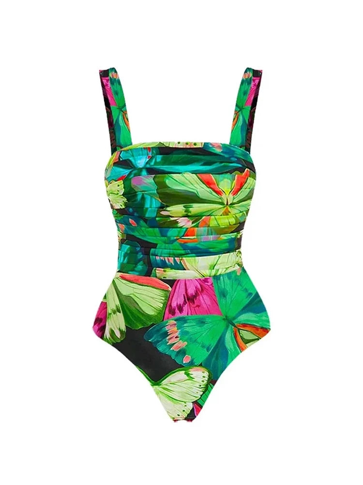 Butterfly Print Ruched Slimming Swimsuit Set