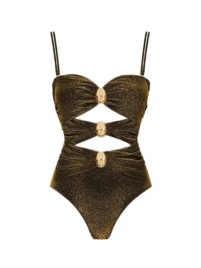 Gold Buckle Cutout Glossy One Piece Swimsuit Set