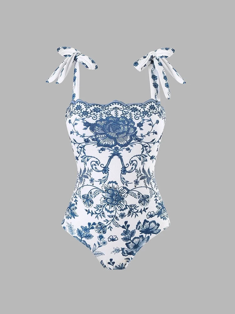 Floral Bow Tie One-Piece Swimsuit Set