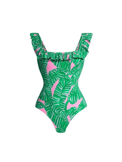 Green Ruffle Print One Piece Swimsuit