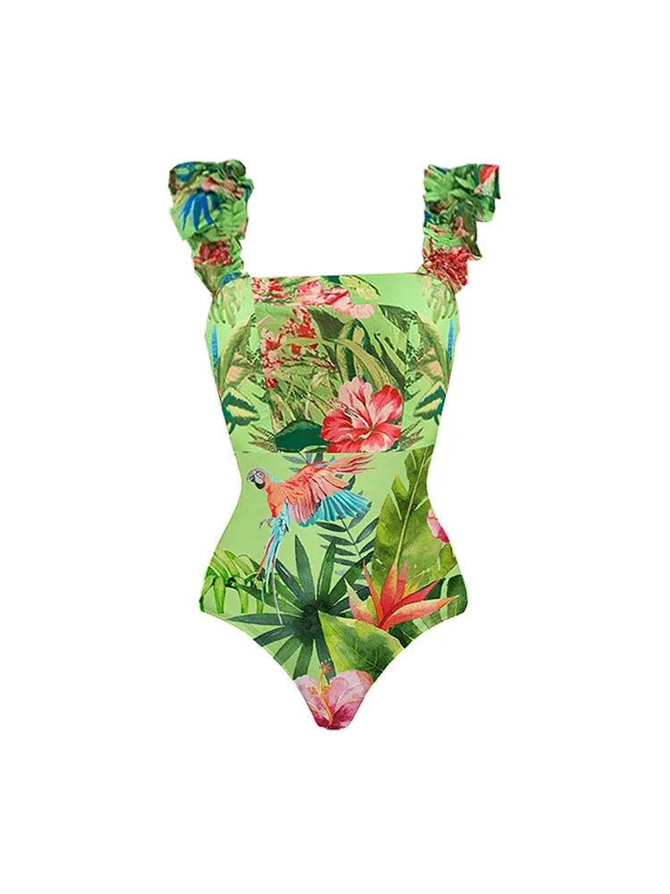 Vacation Print One Piece Swimsuit Set