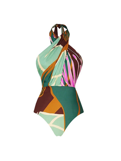Halter Cross Backless Floral Swimsuit Set