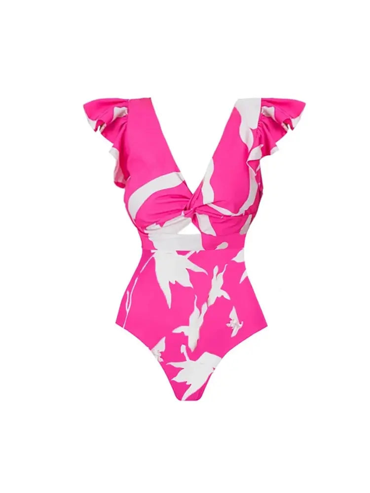 V Neck Ruffle Printed One Piece Swimsuit Set