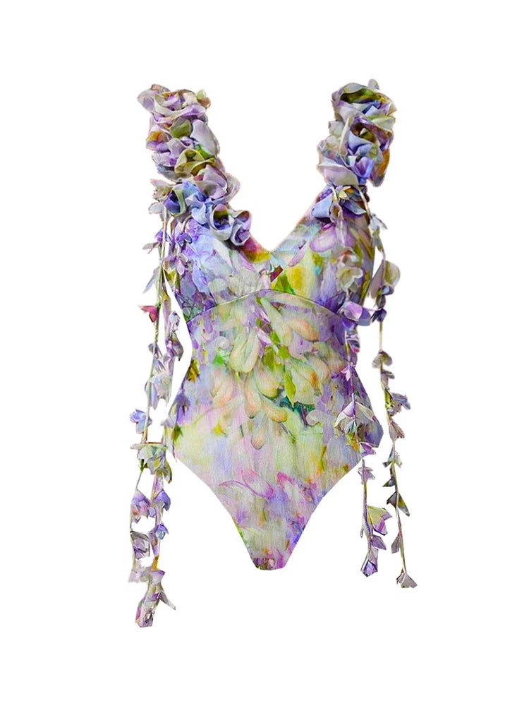 Floral Appliqué Tie-Up Fairy Style Swimsuit
