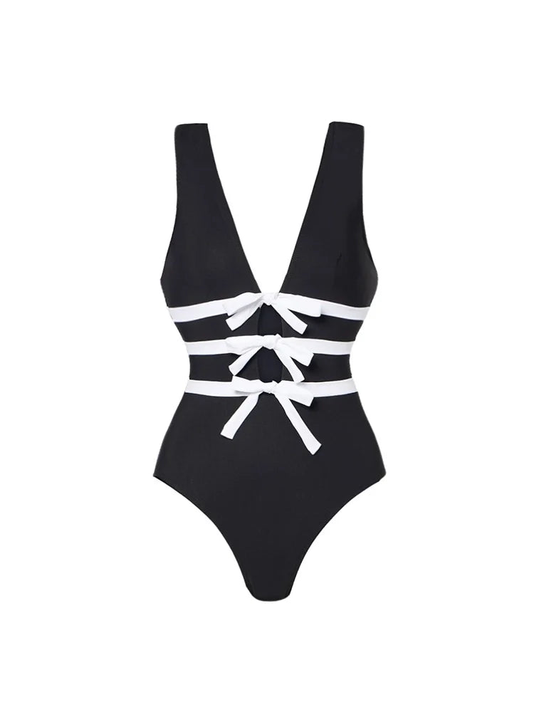 Cutout Black and White One-Piece Swimsuit