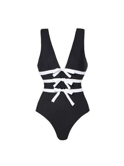 Cutout Black and White One-Piece Swimsuit