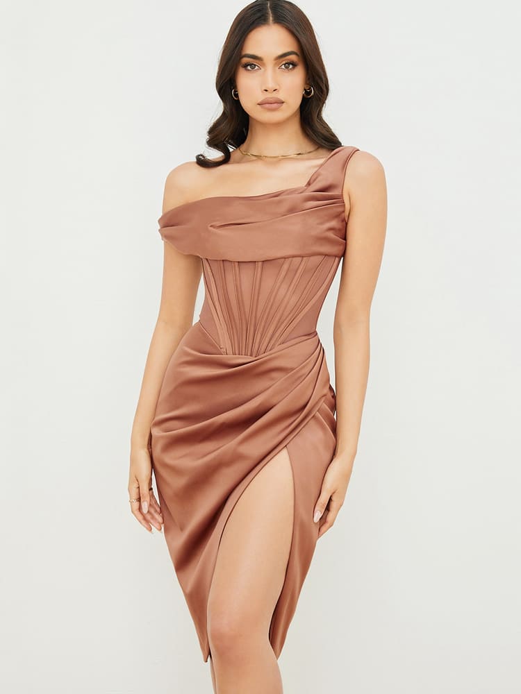Cap Shoulder Corset Bodycon Midi Dress - Toffee Brown