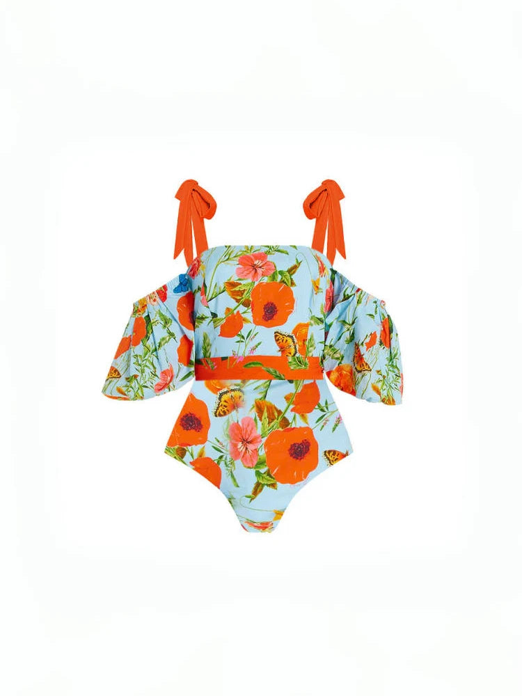 Floral Puff Sleeve Bandeau One-Piece Swimsuit