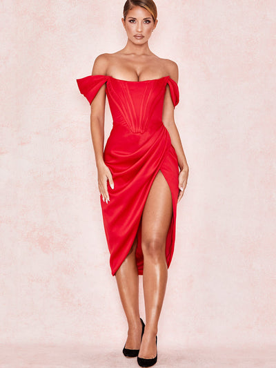 Cap Shoulder Corset Bodycon Midi Dress - Red