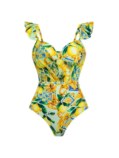 Mesh Lemon Print Swimsuit Set