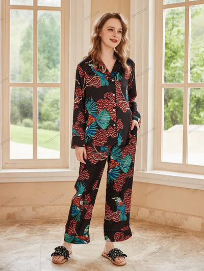 Bird of Paradise Pattern Ice Silk Long Sleeve Pajama Set