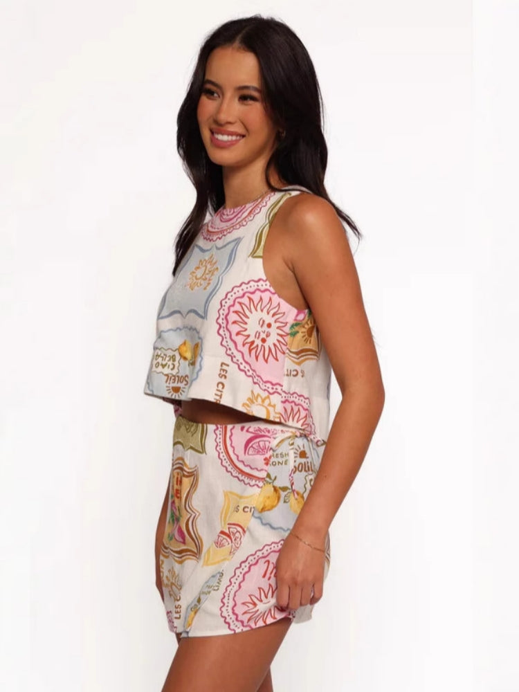 Retro Linen Vest & Shorts  Set