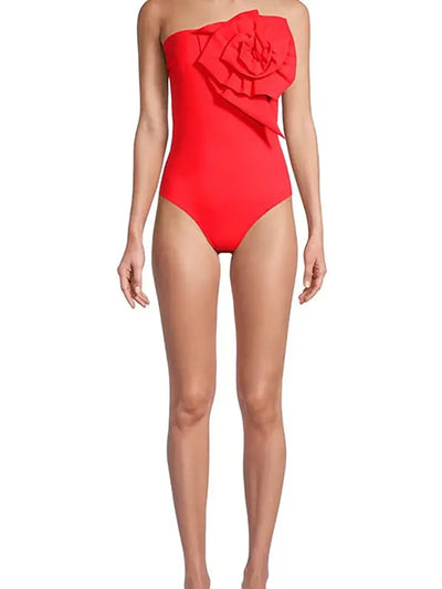 Strapless Floral Accent One-Piece Swimsuit Set