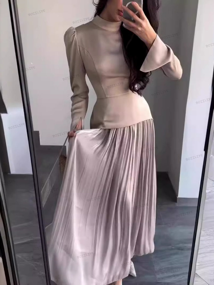 Color Block Splicing Slim Fit Lace-Up Long Sleeve Maxi Dress