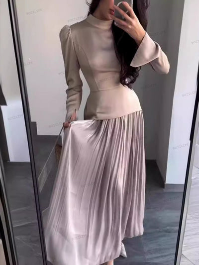 Color Block Splicing Slim Fit Lace-Up Long Sleeve Maxi Dress