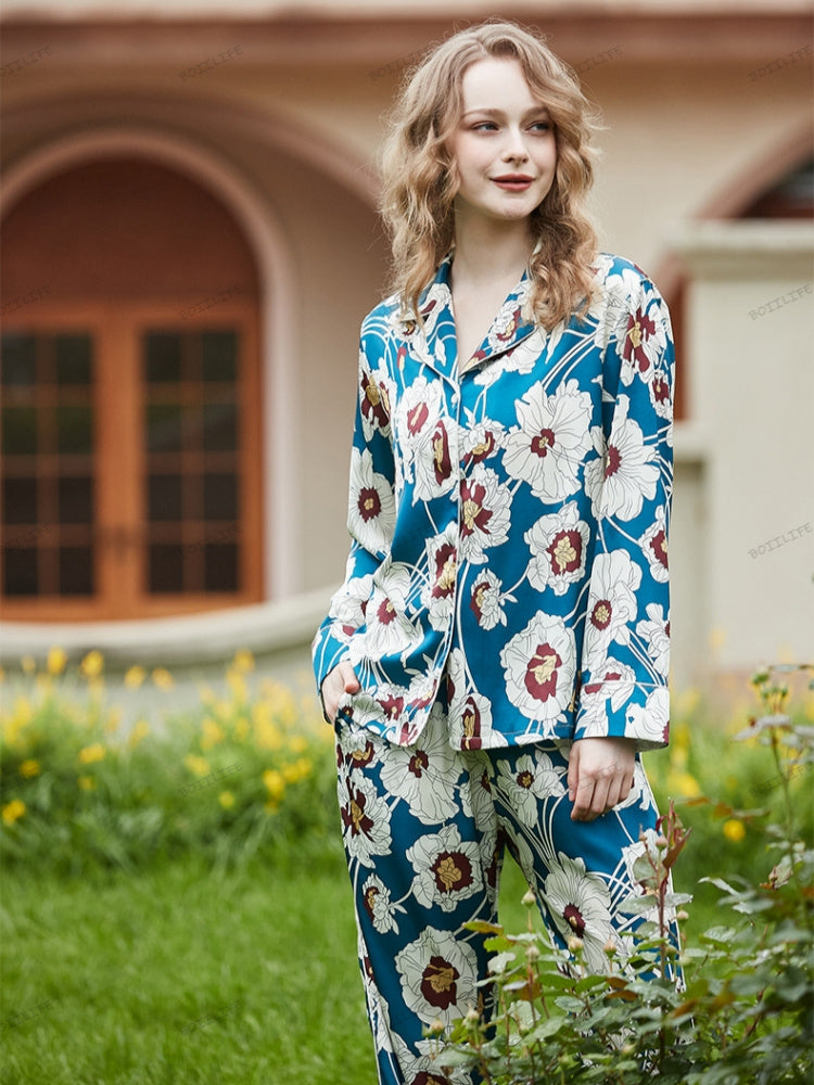 Blue Floral Pattern Ice Silk Long Sleeve Loungewear Set