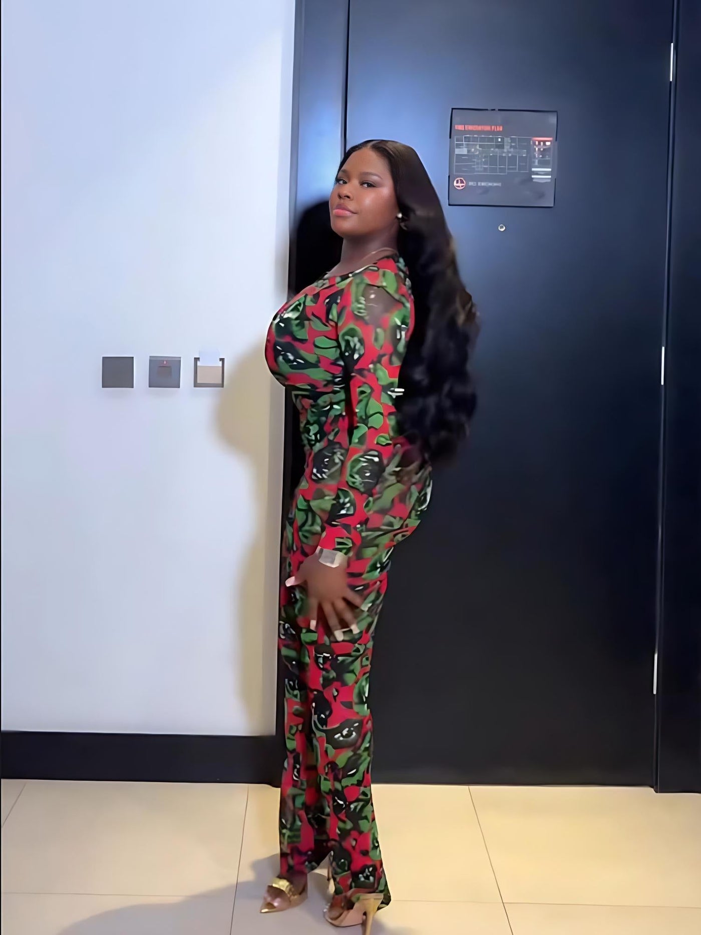 Red & Green Abstract Floral Print Bodysuit Pants Set