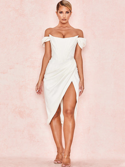Cap Shoulder Corset Bodycon Midi Dress - White