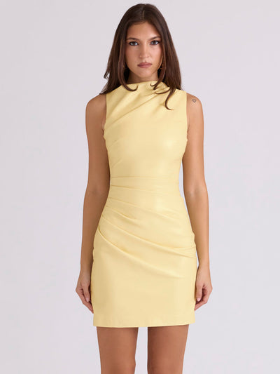 Cream Yellow Faux Leather Mini Dress