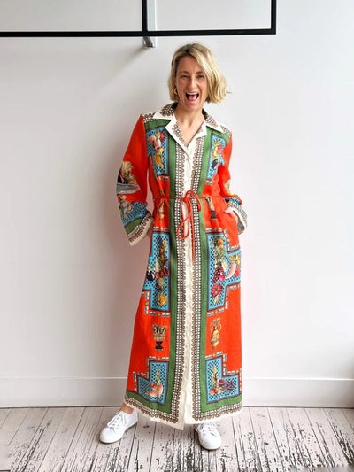 Long-Sleeve Linen Waist Dress