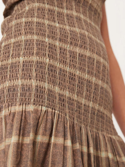 Check Shirred Drop Waist Maxi Dress