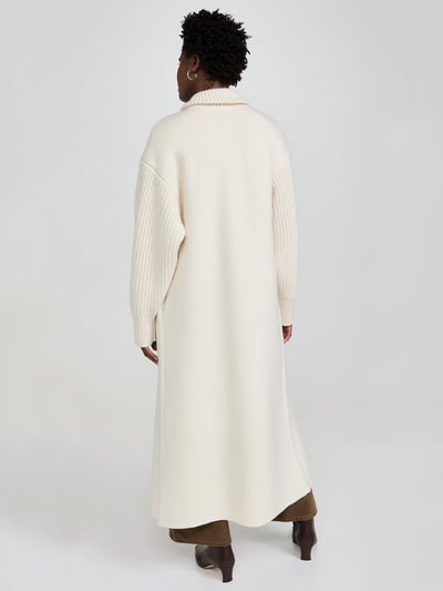 Cream Fringe-Trimmed Knit Longline Coat