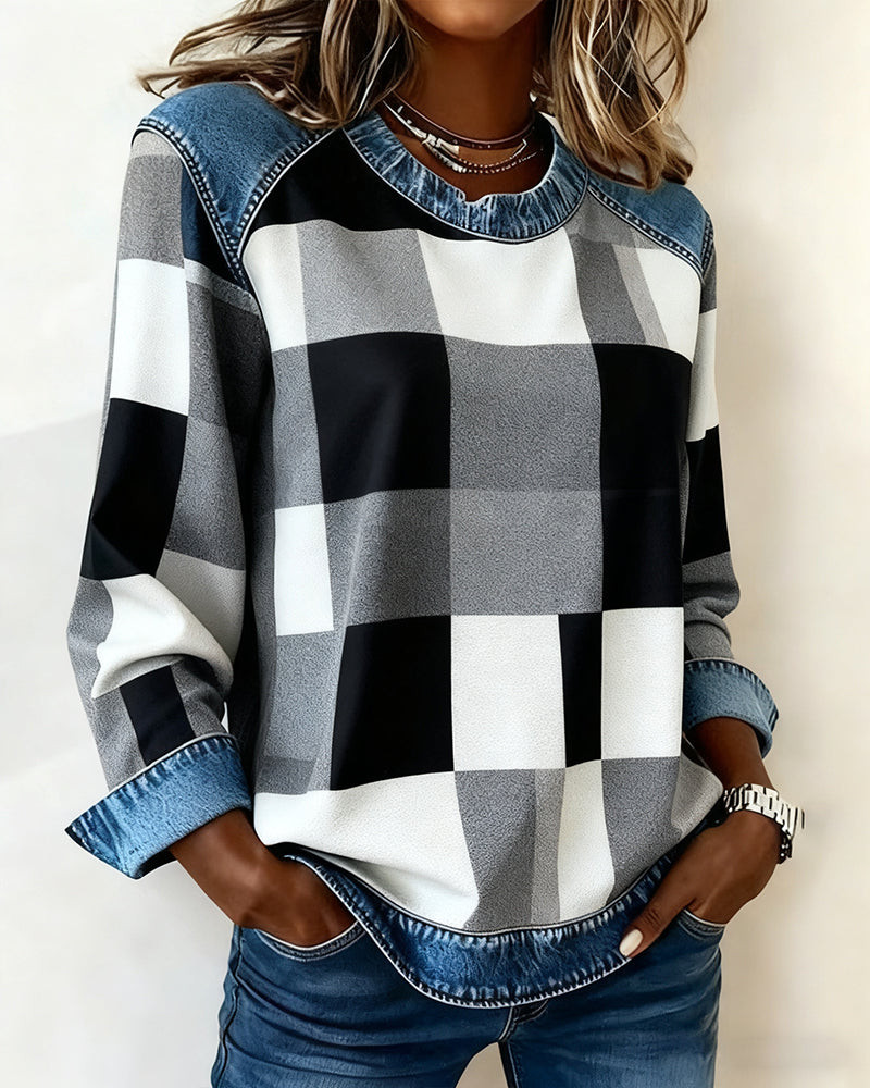 Stella® | Sweatshirt with Check Patchwork and Contrast Color