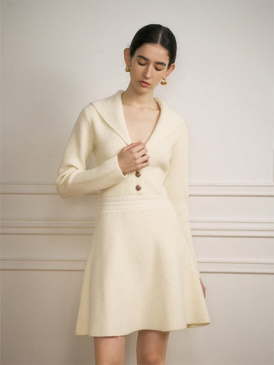 Parisian Style Lapel Knit Mini Dress
