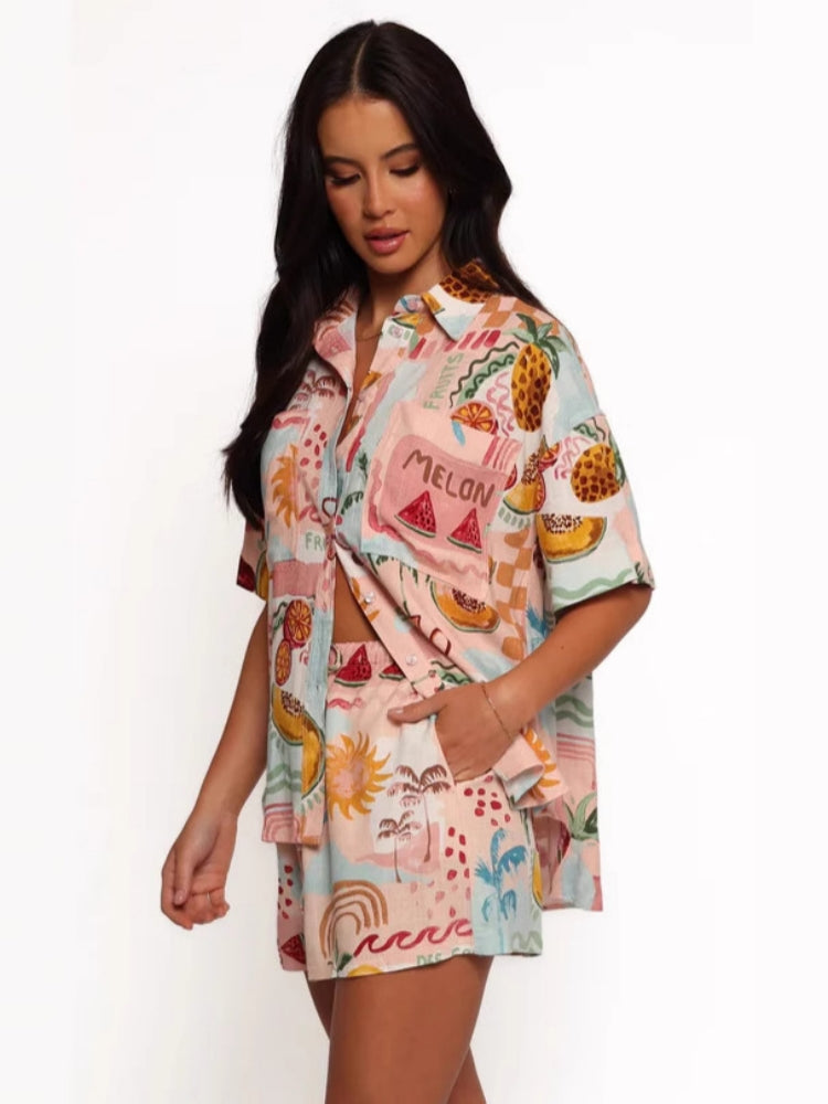 Stylish Linen Print Shirt Shorts Set