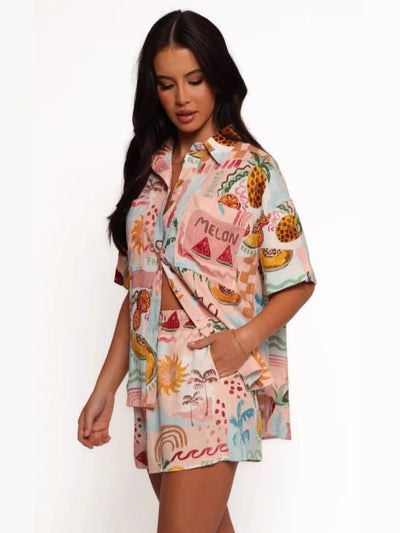 Stylish Linen Print Shirt Shorts Set