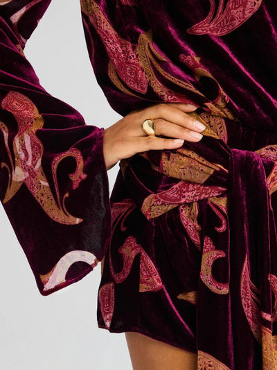 Paisley Bell-Sleeve Fringe Belt Mini Dress