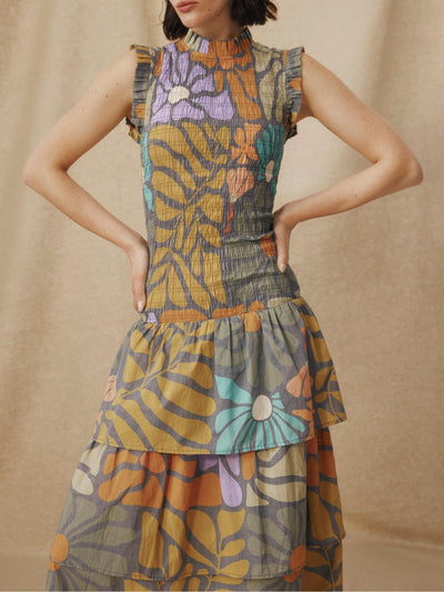 Multicolor Botanical Print Midi Dress