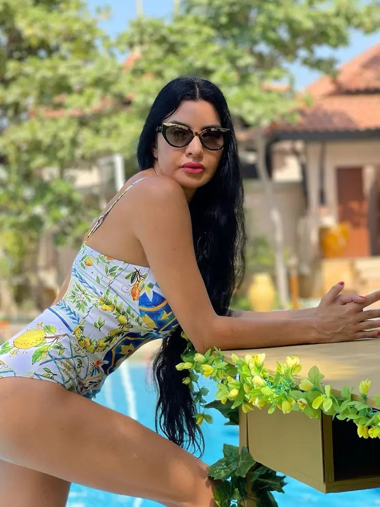 Lemon Print Backless One Piece Swimsuit Set