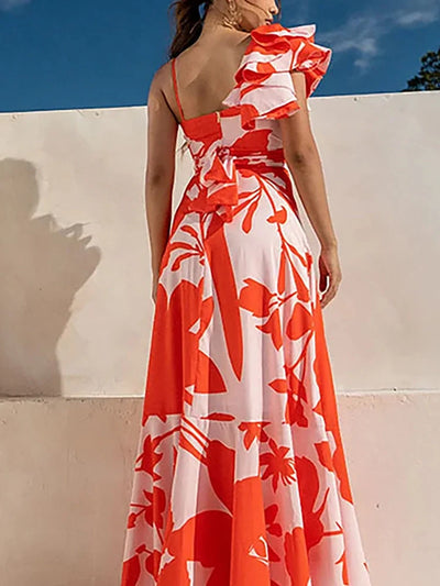 Ruffle Floral Print One-Piece Swimsuit Set