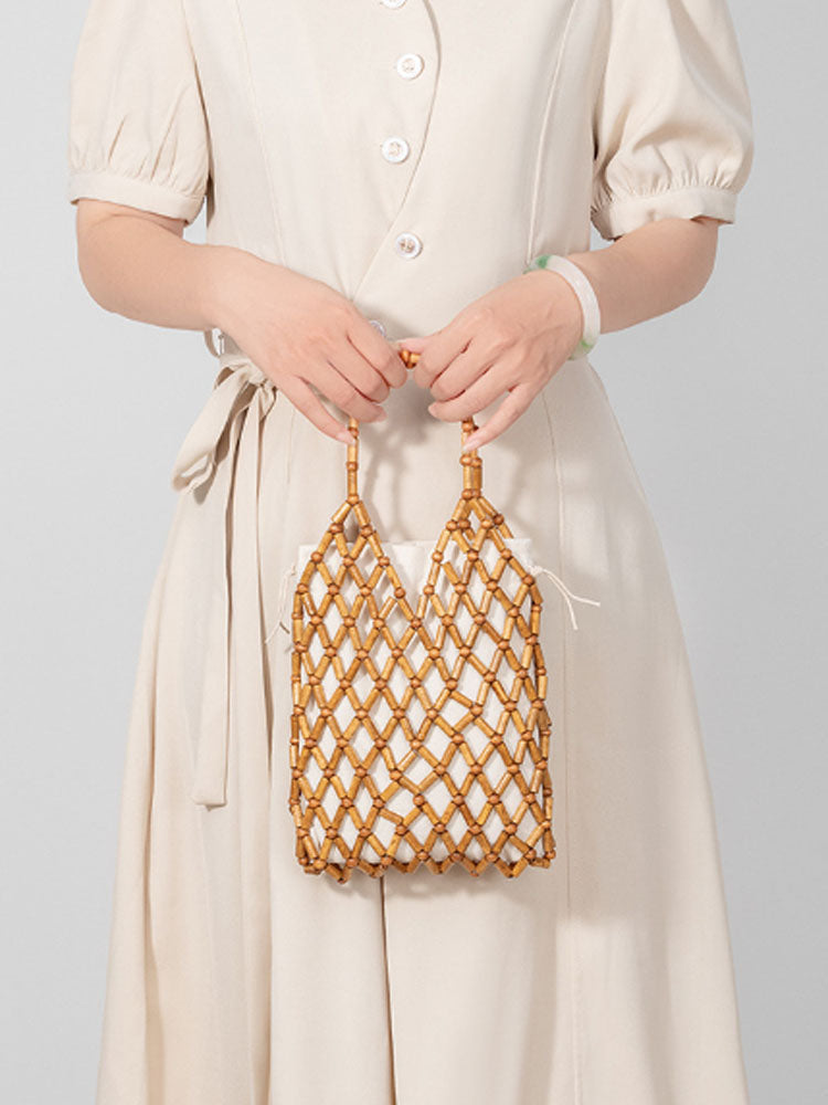 Hollow-Out Wooden Bead Woven Tote Bag