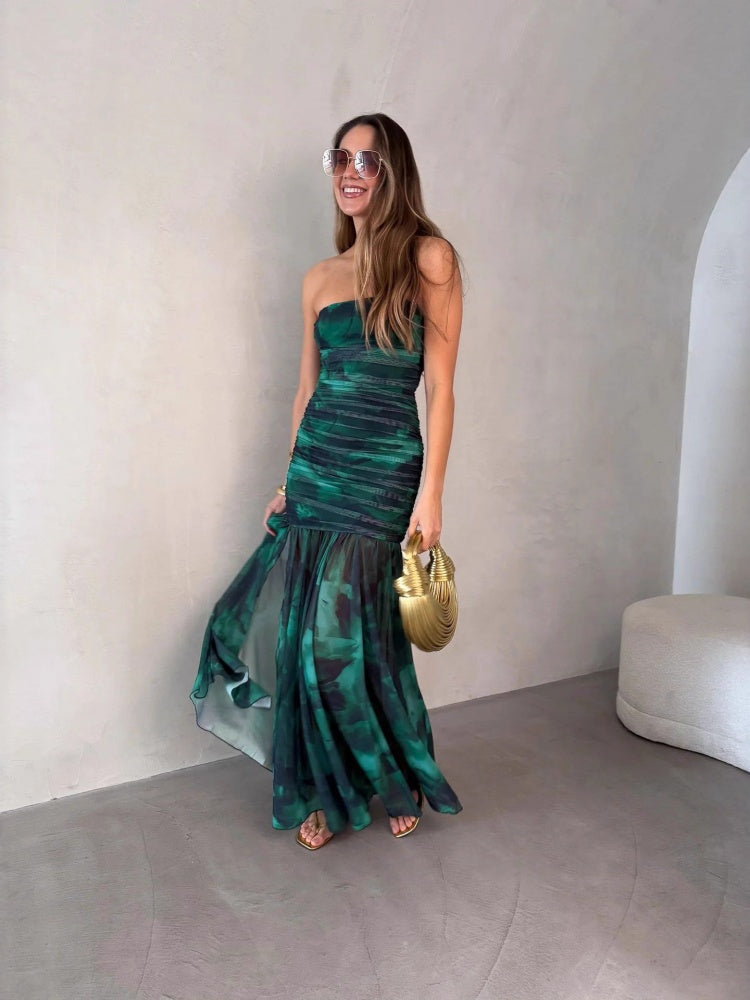 Fringed High-Slit Bustier Maxi Dress